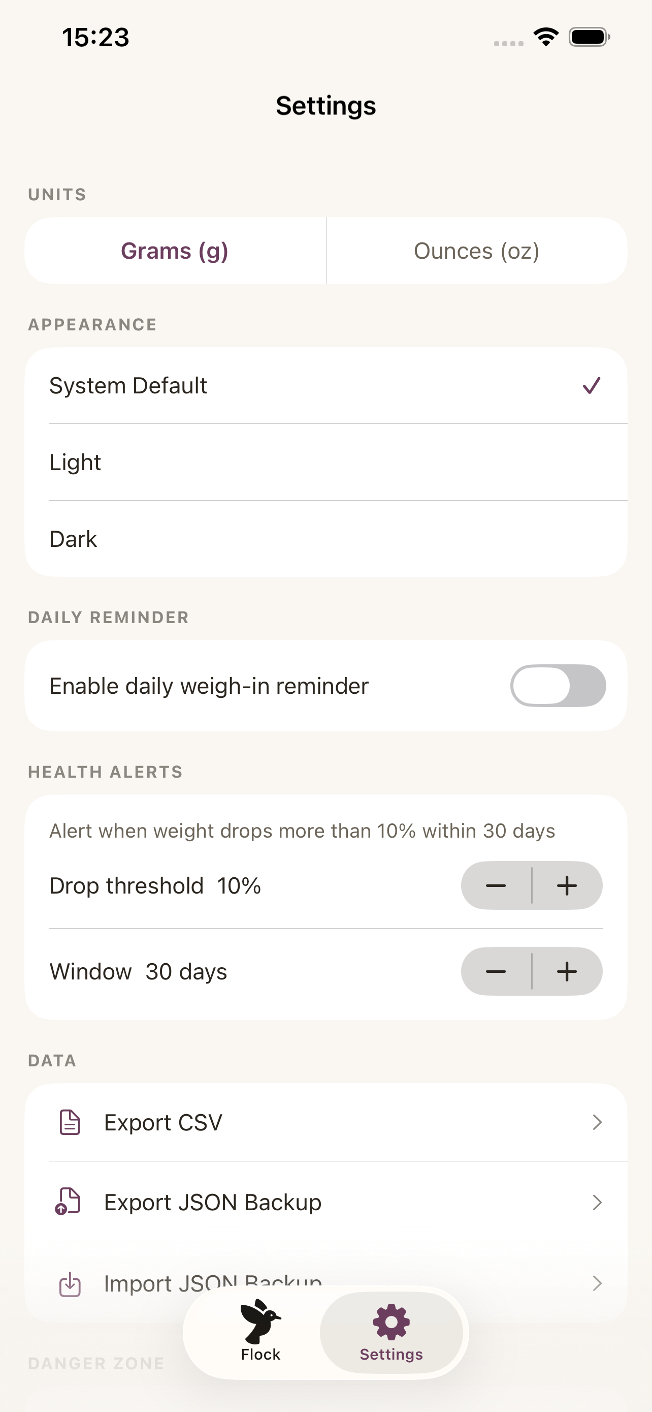 Settings screen showing export options